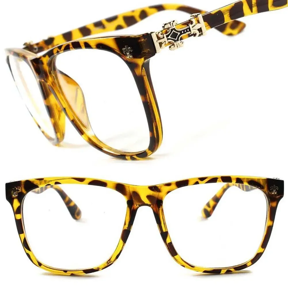Tortoise Gold Cross Rectangle Clear Lens Glasses Unisex